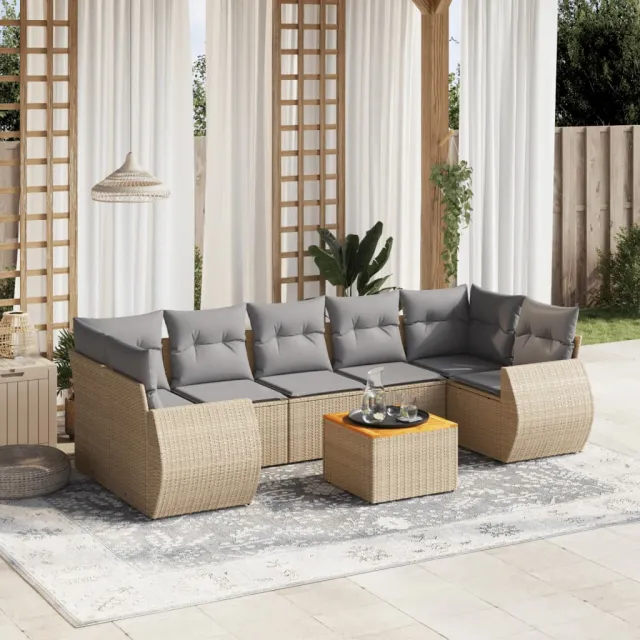 vidaXL 8-delige Loungeset met kussens poly rattan beige, foto 2