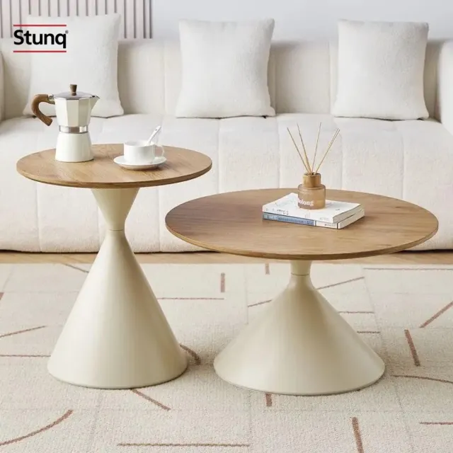Stunq Scandinavische salontafel set van 2 - rond hout met crème poeder - minimalistisch en verplaatsbaar