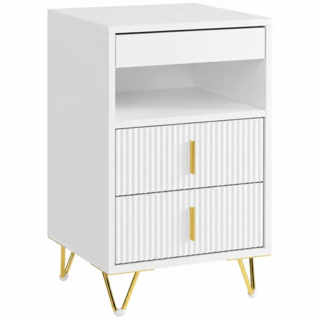 Noventra Nachtkastje met 2 Lades – Bijzettafel met Open Vak – Slaapkamerkastje – Opbergkast – Gouden Poten – Wit – Modern Design – 40 x 40 x 63 cm