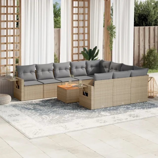vidaXL 11-delige Loungeset met kussens poly rattan gemengd beige