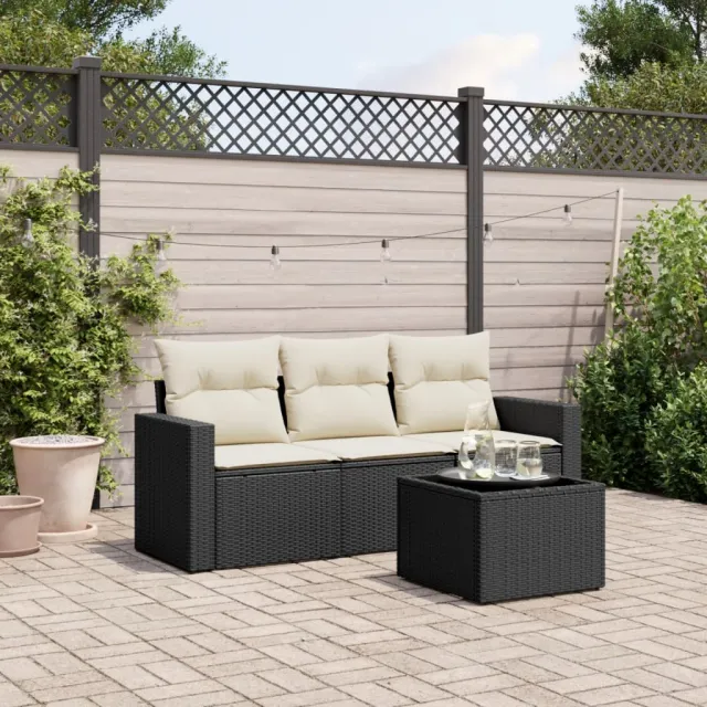 vidaXL 4-delige Loungeset met kussens poly rattan zwart, foto 2