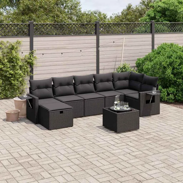 vidaXL 8-delige Loungeset met kussens poly rattan zwart, foto 2