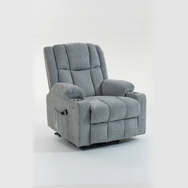 Merax 8205 Elektrische Sta-op Fauteuil Met Massage En Warmte - Verstelbare Rugleuning En Voetsteun - Afstandsbediening - 2 Zijvakken En Bekerhouders - Lichtgrijs - 91 x 84 x 106 cm