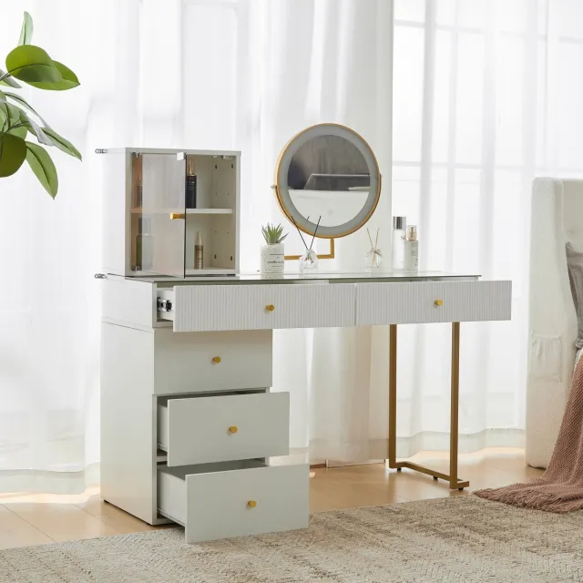 STILVORA Kaptafel - Make-up Tafel Voor Slaapkamer Of Woonkamer Met Spiegel En LED Verlichting - 120x45x115 cm - Spaanplaat - Goud Wit Goud + Wit