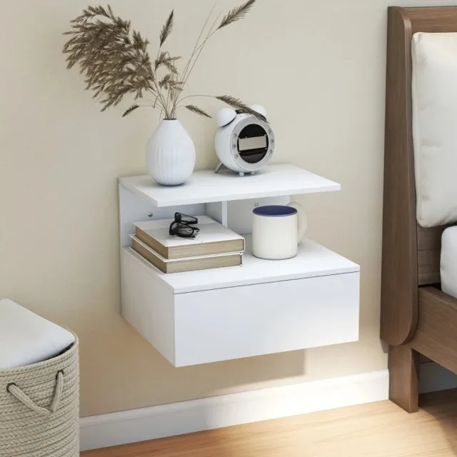 Novyro Living nachtkastje - bedtafel - bijzettafel - hangend - met opberglade - wit - hout + metaal - open vlak - woonkamer