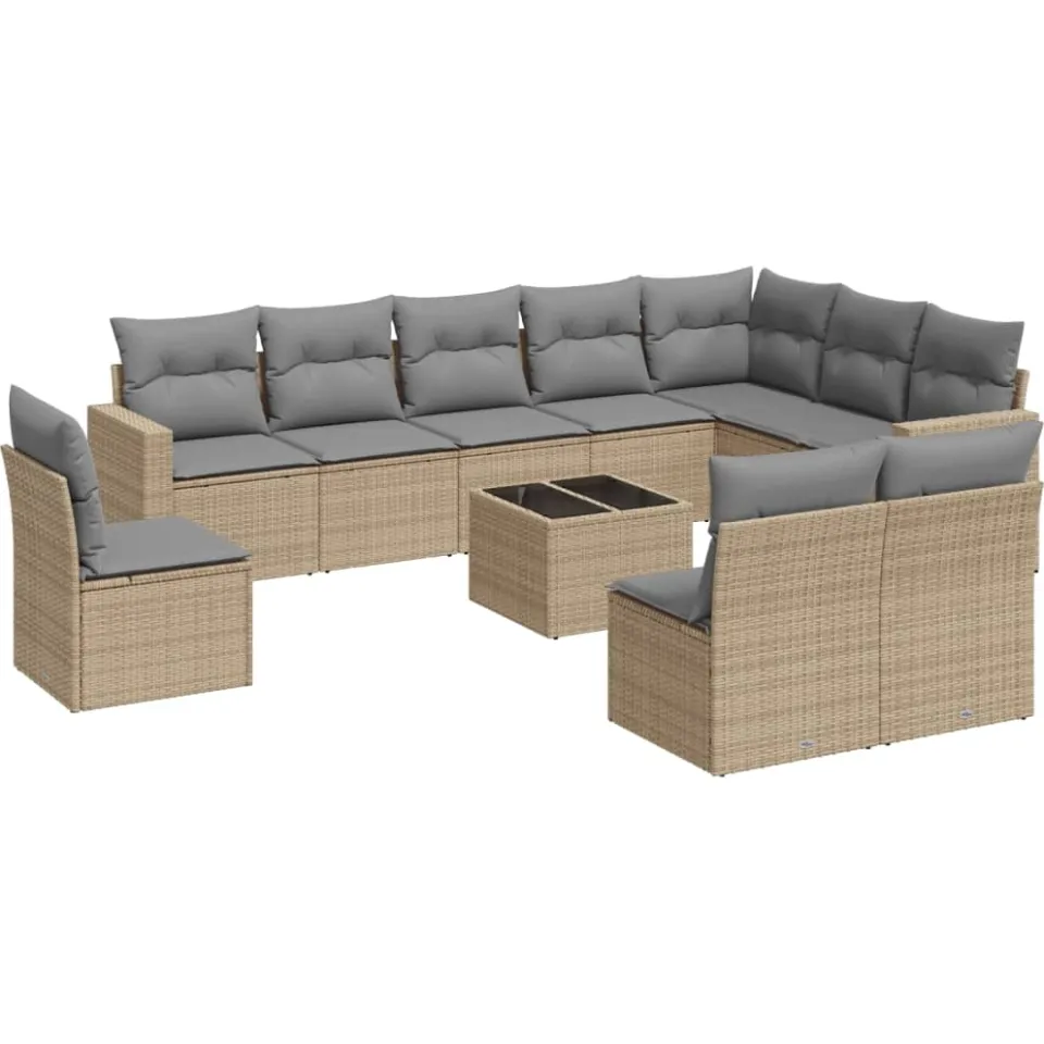 vidaXL 11-delige Tuinset met kussens poly rattan beige