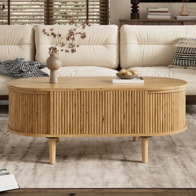 HAUSS SPOLE Salontafel - Ovale Tafel Met Verstelbaar Blad En Opbergruimte - Voor Woonkamer - MDF En Grenenhout - 100x48x54,5 Cm Eiken