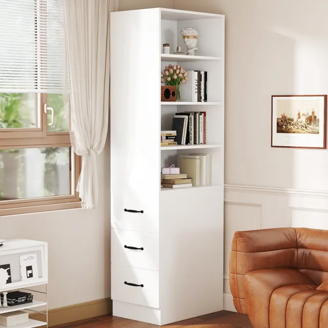Wishdor Boekenkast - Smal en hoog met 3 zijladen - 4 open vakken en 2 verstelbare planken - Moderne opbergkast voor woonkamer, badkamer en keuken - Spaanplaat - Wit - 60 x 38 x 180 cm