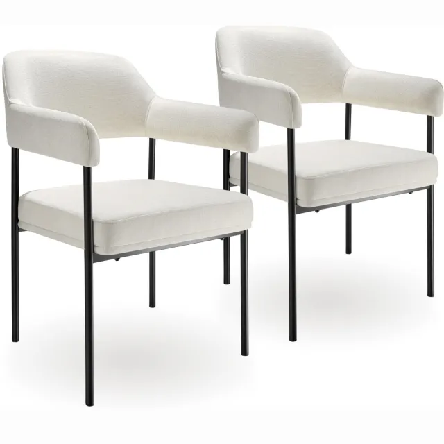 Tectake Eetkamerstoel met Armleuning - Set van 2 Eetkamerstoelen - Geweven stof - Open Rugleuning - Gestoffeerd met Stalen Poten - Stoelen voor Eetkamer - Gebroken Wit offwhite