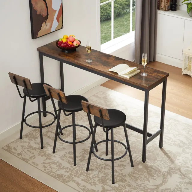 DESMIU Bartafel Set Met 3 Barkrukken En Rugleuning Voor Keuken En Woonkamer Van Spaanplaat En Staal In Rustiek Bruin En Zwart 160x40x95 Cm