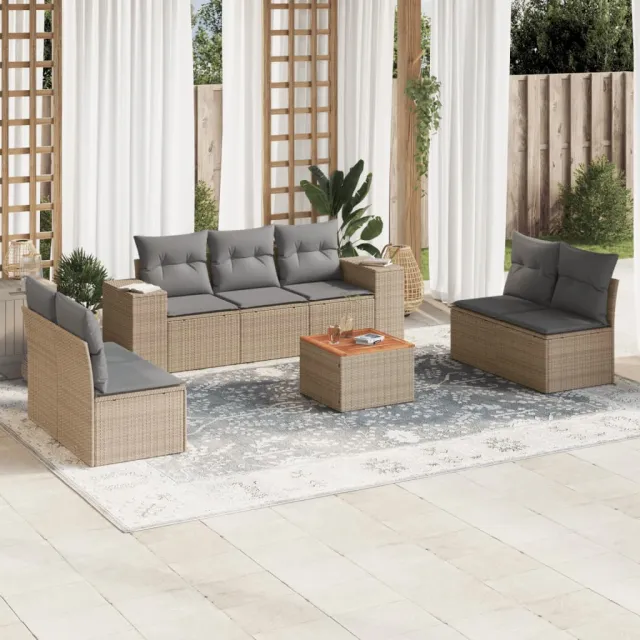 vidaXL 8-delige Loungeset met kussens poly rattan beige, foto 2