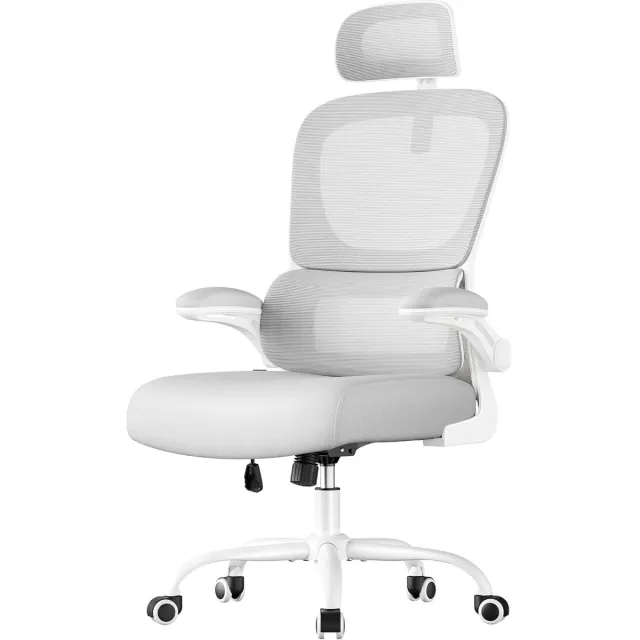 FurnStar Ergonomische Bureaustoel – Netstoel met Dubbellaags Mesh – Verstelbare Hoofdsteun & Adaptieve Lendensteun – Ademend – Grijs