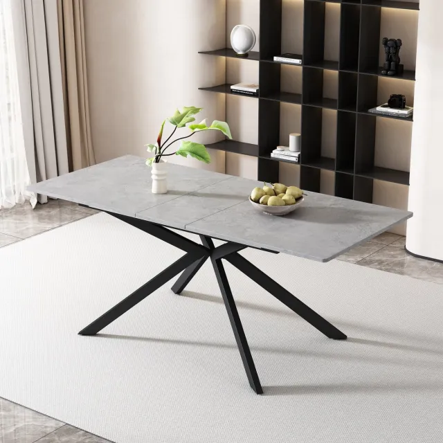 MEUNIQ Uitschuifbare eettafel 180 x 70 x 75,5 cm, rechthoekige tafel met betonlook tafelblad van MDF en metalen X-poten, zwart en grijs voor eetkamer of woonkamer Black+Grey