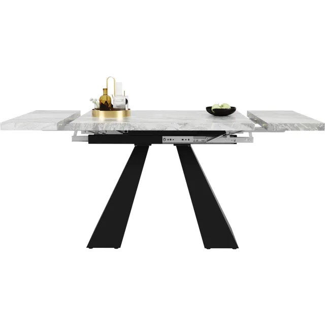 MODFU Uitschuifbare eettafel 99–159×74×77 cm – marmerlook MDF, carbonstalen poten, ruimtebesparend Zwart + Grijs