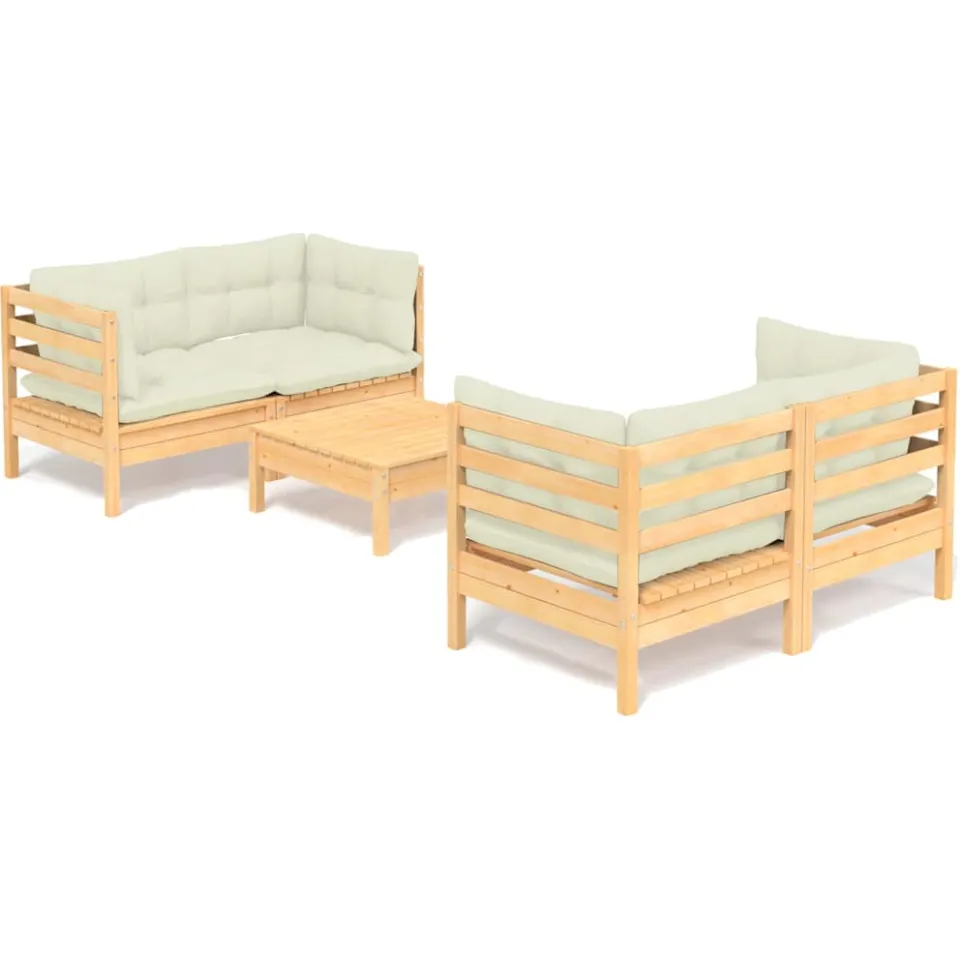 vidaXL 5-delige Loungeset met crèmekleurige kussens grenenhout