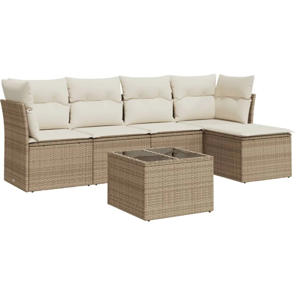 vidaXL 6-delige Loungeset met kussens poly rattan beige, foto 3