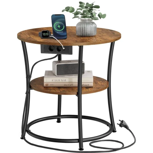 Klarven Bijzettafel Vintage Bruin-Zwart - Bijzettafel - Industrieel Design - Met USB-poorten en Stopcontacten - Draagvermogen tot 30 kg Vintagebruin-Zwart