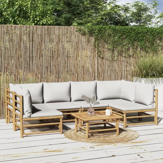 vidaXL 7-delige Loungeset met lichtgrijze kussens bamboe bruin, foto 2