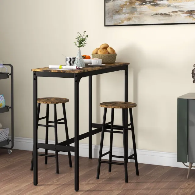 HAUSS SPOLE Bartafelset - Tafel met 2 Barkrukken - Ruimtebesparend met Voetsteunen - Voor Keuken en Eetkamer - MDF en Staal - Bruin en Zwart Rustiek bruin