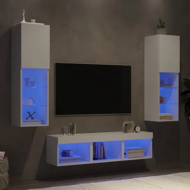 vidaXL 5-delige Tv-wandmeubelset met LED-verlichting bewerkt hout wit, foto 2