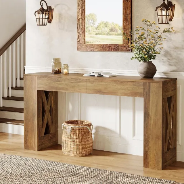 Tribesigns Consoletafel - Sidetable met 2 lades en X-vormige poten - Hout - Bruin - Industrieel - 160 x 35 x 85 cm - Console Tafel voor Hal, Woonkamer, Entree