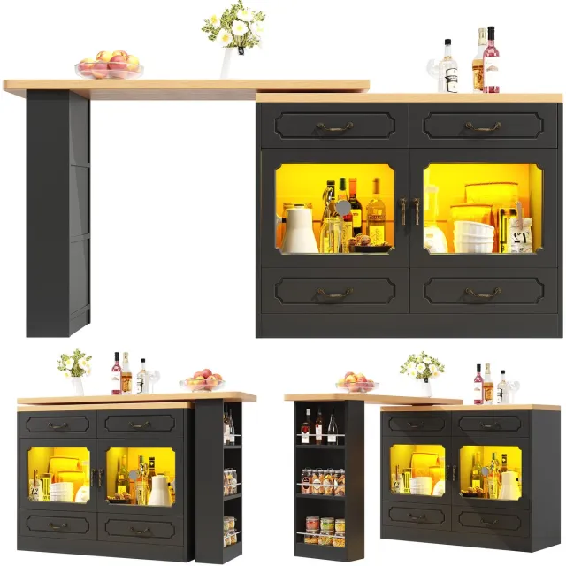 Wishdor Uitschuifbare bartafel - 360° draaibaar - Met ledverlichting en opbergruimte - Modern - Houtlook en veiligheidsglas - Zwart en naturel - 135-203 x 39 x 92,8 cm Black+Natural