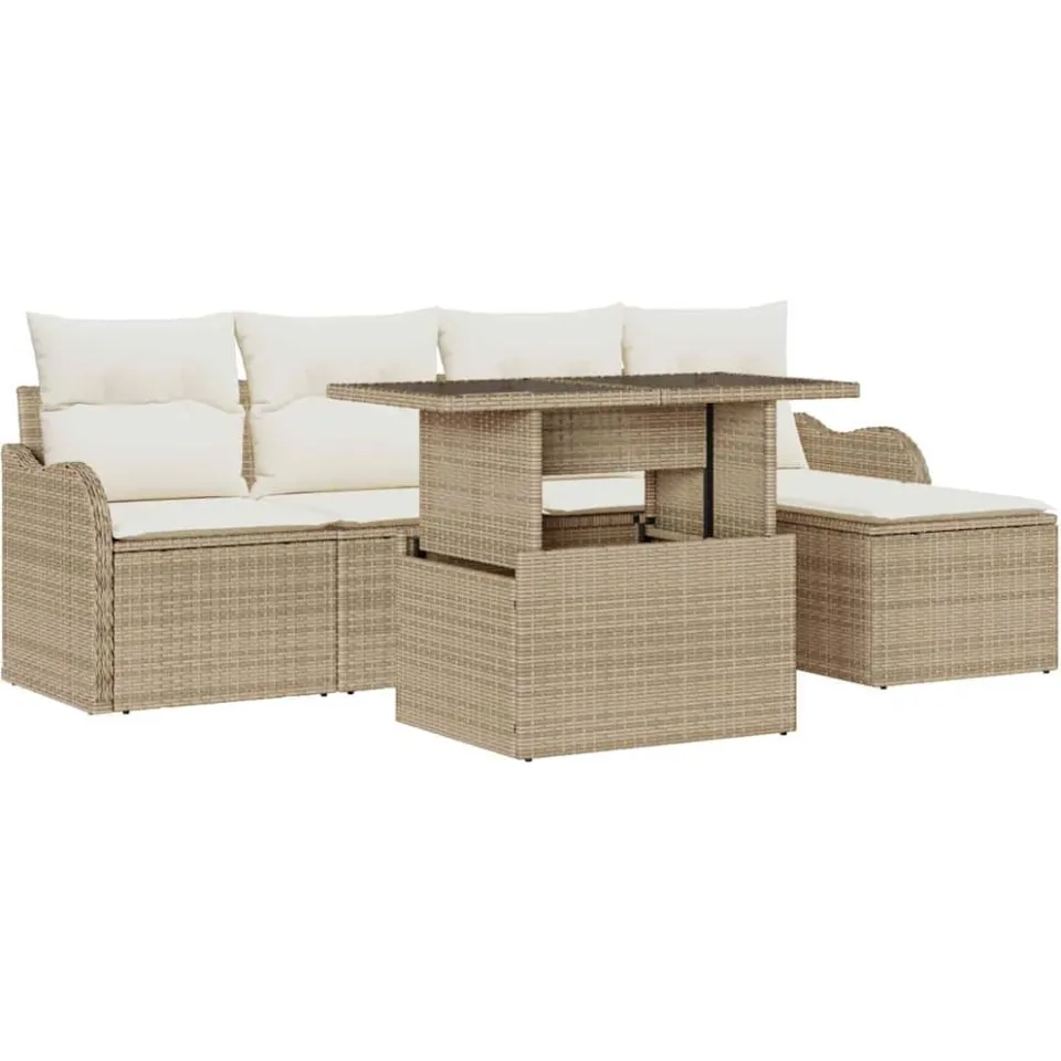 vidaXL Buiten Zitmeubelset 6 st Beige Poly riet