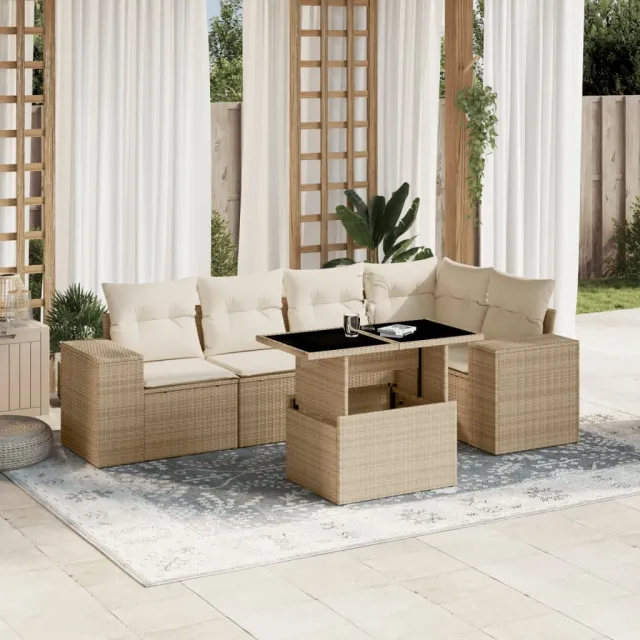 vidaXL 6-delige Loungeset met kussens poly rattan beige, foto 2