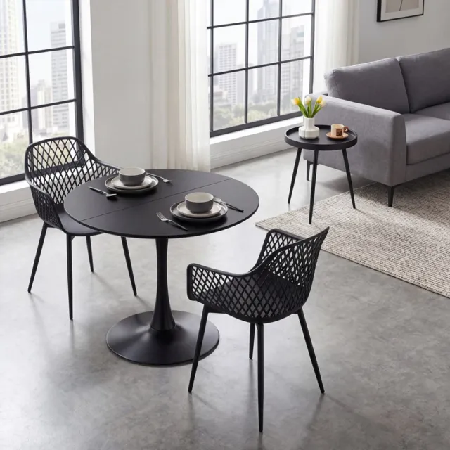EGGREE Combinatieset: 3-delige tafel -en stoelenset + Ronde Zwarte eettafel/keukentafel 100 x 100 x 73 cm - Salontafel bijzettafel - Geschikt voor 2 tot 4 personen - Tafelblad met gesplitst ontwerp