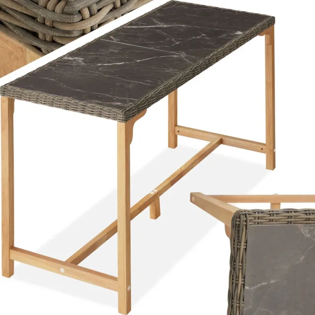 Tectake Aluminium wicker bartafel - Hoge tafel met marmerlook tafelblad - Balkonmeubel - Tuinmeubelen voor buitenkeuken en woonkamer - Weerbestendig - Afmeting (LxBxH) 161 x 64,5 x 99,5 cm - Lichtbruin natuur
