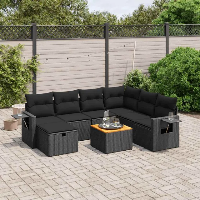 vidaXL 8-delige Loungeset met kussens poly rattan zwart, foto 2