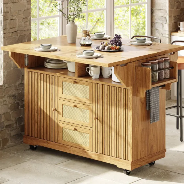 HAUSS SPOLE Keukeneiland Opklapbaar Met Opbergruimte En Wielen Voor Keuken Balkon En Kamperen Houtkleur MDF 142.5 Cm Naturel houtkleur