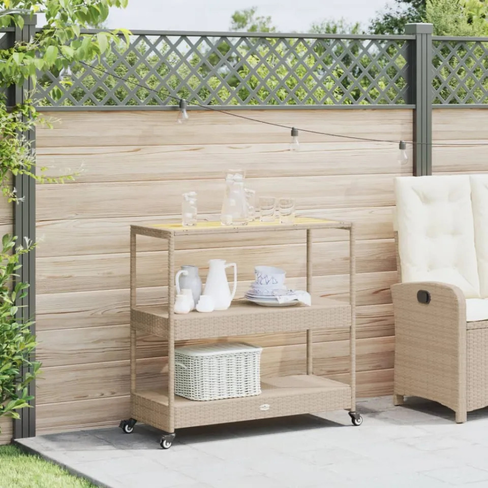 vidaXL Keukentrolley 3-laags poly rattan en massief acaciahout beige, foto 3
