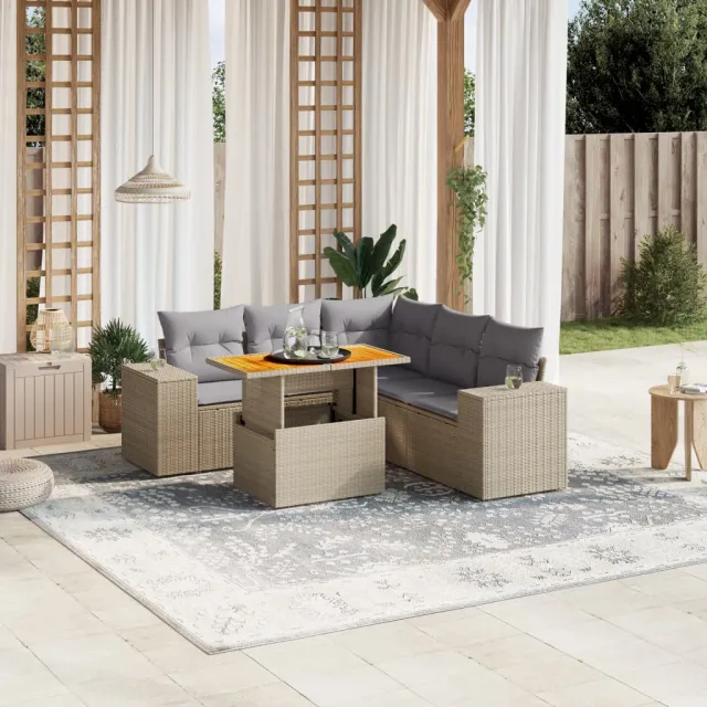 vidaXL 6-delige Loungeset met kussens poly rattan beige, foto 2