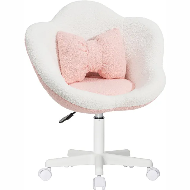 Hoffree Kinder Bureaustoel Bloemvorm – Verstelbare Draaistoel voor Kinderen – Ergonomische Kinderstoel met Bouclé Bekleding en Lendenkussen – Roze/Wit