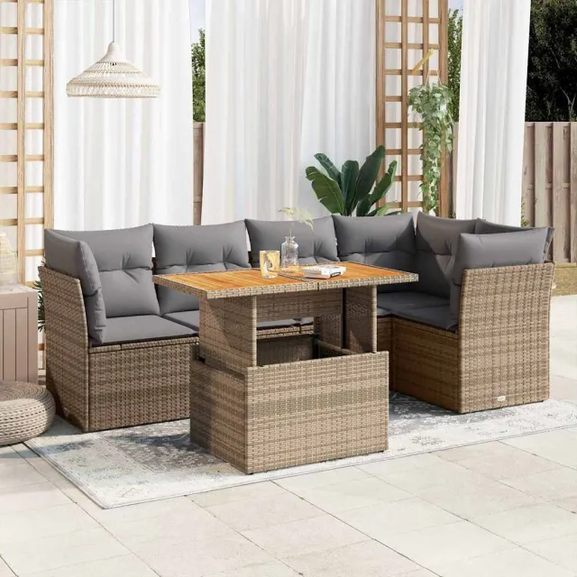 vidaXL 6-delige Loungeset met kussens poly rattan beige, foto 2