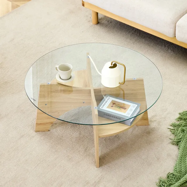 MIVRAY Salontafel - Rond Met Veiligheidsglas - MDF - Transparant Hout