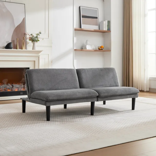MEUNIQ 2-zits slaapbank grijs met verstelbare rugleuning, corduroy-look, zwarte kunststof poten en houten lattenonderstel voor woonkamer of thuisbioscoop