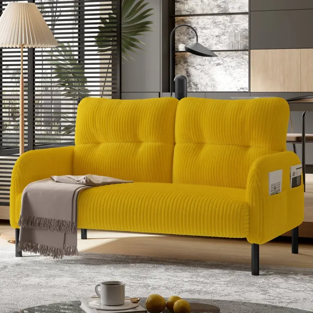 MODENUIT Bank - 2-Zitsbank 120 x 75 x 79 cm - Met Zijvak en Ergonomische Rugleuning - Voor Woonkamer - Cord Geel