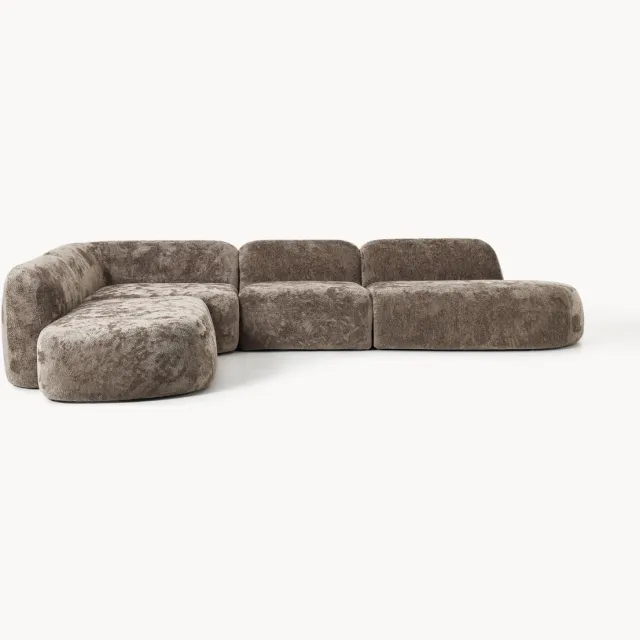 Westwing Collection XL modulaire teddy bouclé hoekbank Wolke (4-zits) met chaise longue taupe