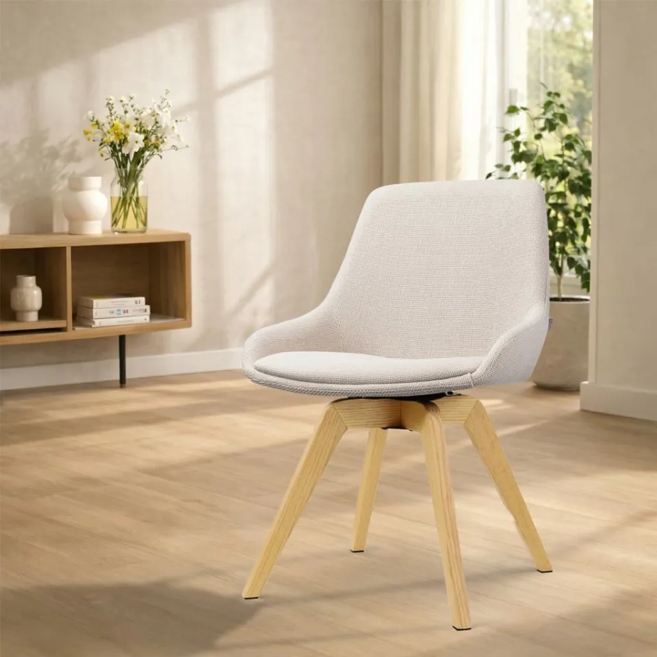 Nolon Noor-Isa draaibare eetkamerstoel bouclé beige - houten onderstel, foto 2