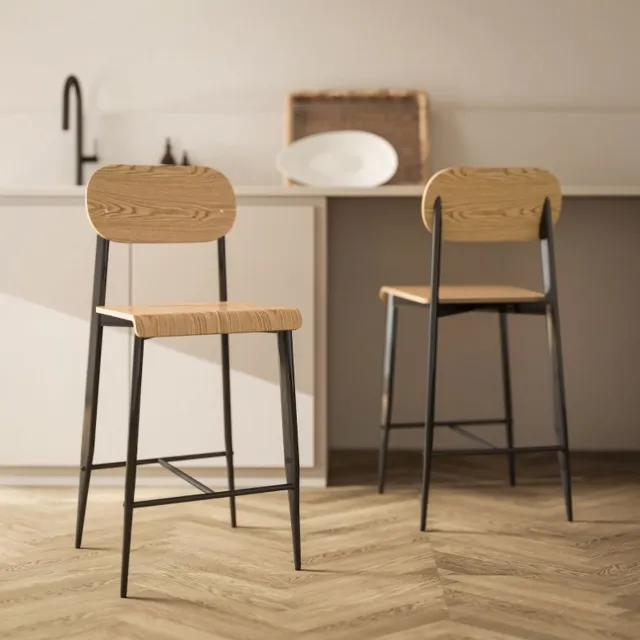 STILVORA Barkruk Set Van 2 Met Rugleuning En Voetensteun - 66 Cm Zithoogte - Voor Keuken En Bar - Hout En Metaal - Natural Wood Zwart Naturel hout