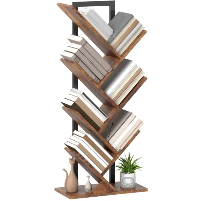 Wclavion Boekenrek‑staand‑7 niveaus‑smal‑boomvorm‑voor kantoor‑rustiek bruin