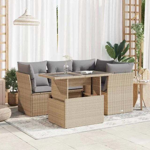 vidaXL 5-delige Loungeset met kussens poly rattan beige, foto 2