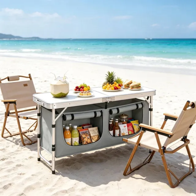 DESMIU Picknicktafel - In Hoogte Verstelbaar Met Opbergtas - Opvouwbaar Voor Tuin Balkon En Camping - Aluminium - Grijs Wit - 120x47 Cm Grey