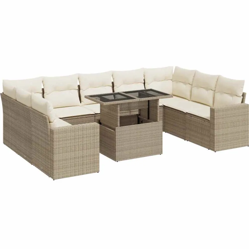 vidaXL 10-delige Loungeset met kussens poly rattan beige, foto 3