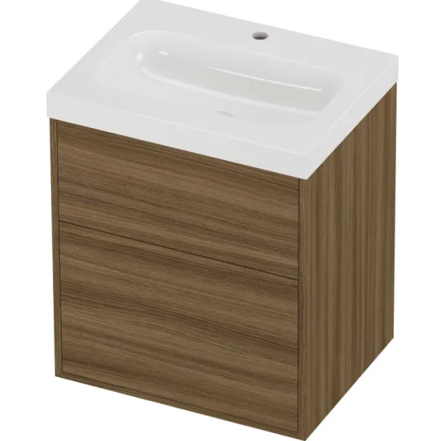 Proline Haga Badmeubelset Polystone Mezza In Kader 60x46x73 cm Glans Wit Caramel Walnut Houtlook