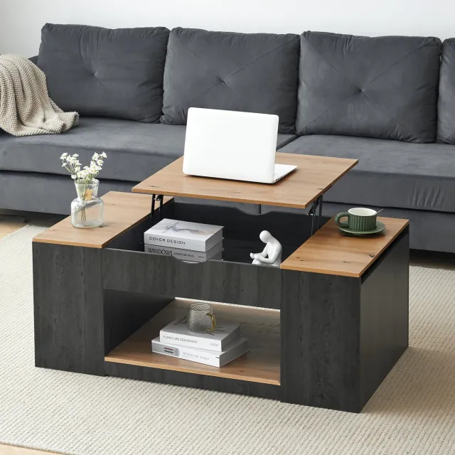 Clruro Salontafel met Liftfunctie - 109.5 cm - Grijze Frame - Stijlvol Design met Opbergruimte onder het Tafelblad Grijs + bruin