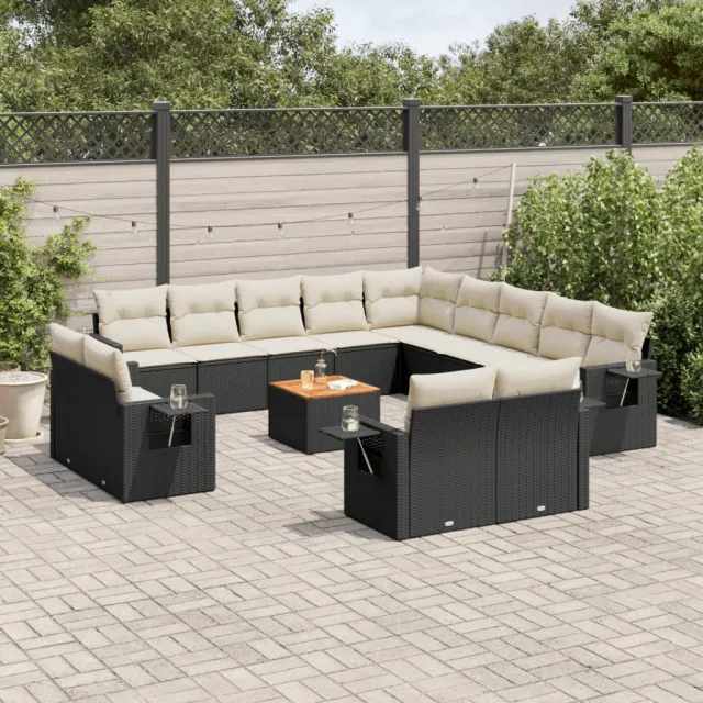 vidaXL 14-delige Loungeset met kussens poly rattan zwart
