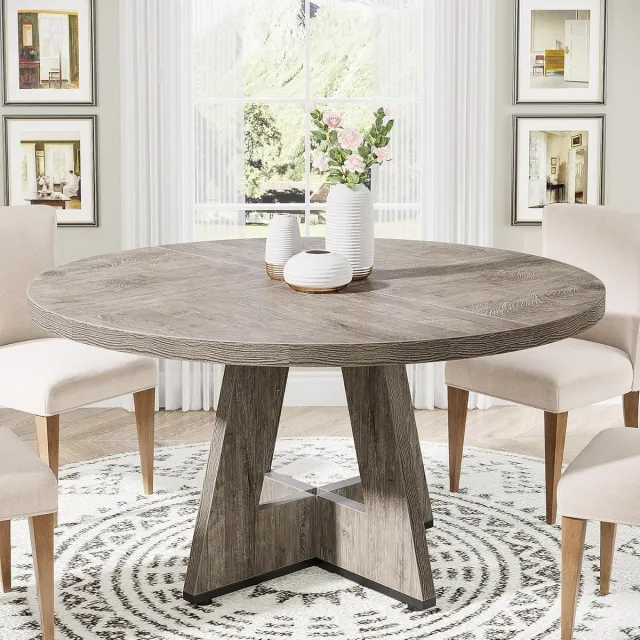 Tribesigns Ronde Eettafel - Keukentafel - 120 X 120 X 75 cm - Eetkamertafel Voor 4 Personen - met Houten Tafelblad en Poten - Industrieel Design - Vintage - Rustiek Grijs